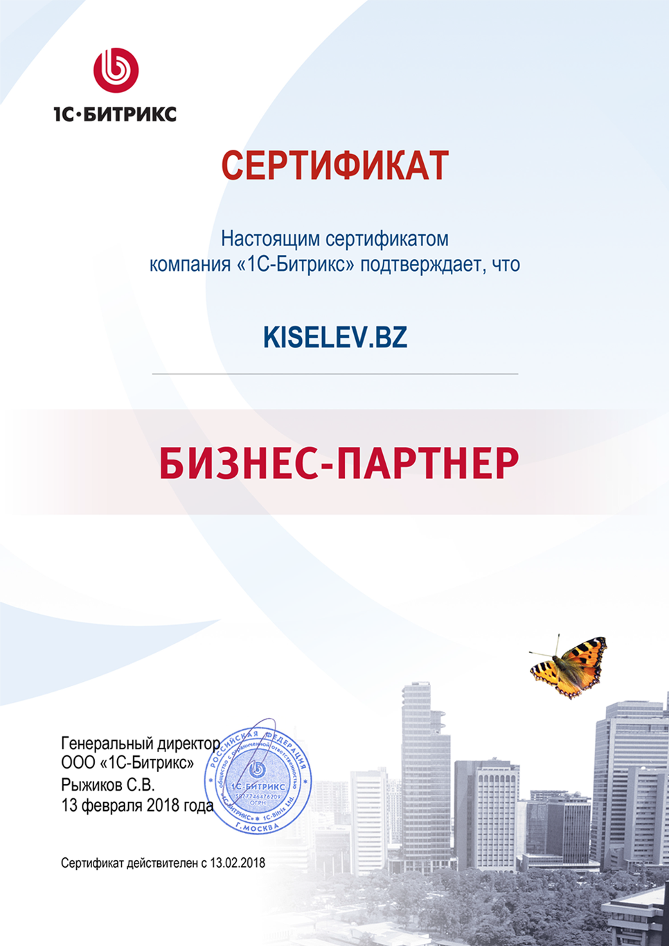 Сертификат партнёра по СРМ системам в Светлом